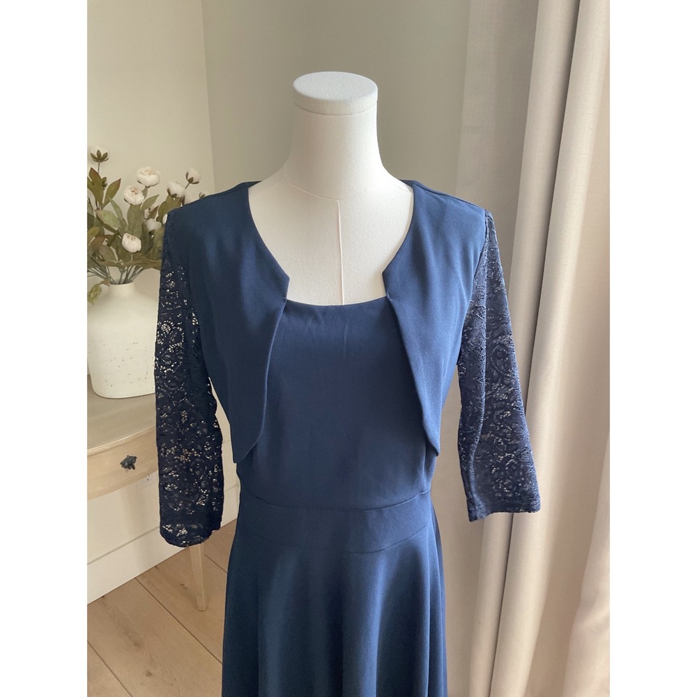 Miusol Womens Navy Blue Lace 3/4 Sleeve Fit and Flare Cocktail Dress Size L - Picture 2 of 11